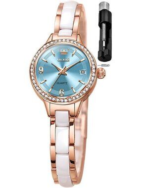Women's Rose Blue Oval Luxury Diamond Quartz Elegant Ceramic Band Wrist Watch